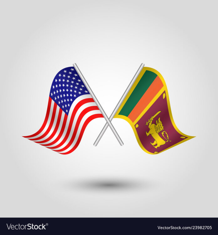 vector two crossed american and sri lankan flags on silver sticks - symbol of united states of america and sri lanka